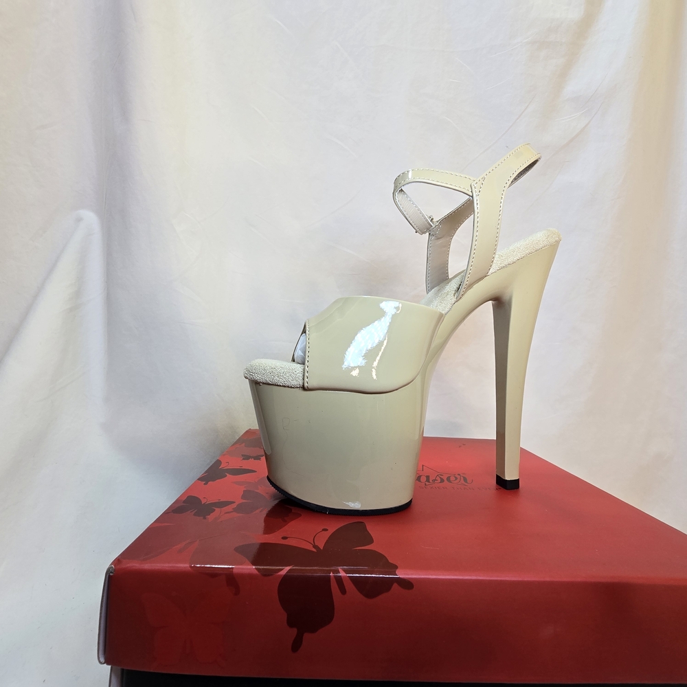 Pleasers Cream Patent Leather Platform Heels With Ankle Strap For Dancing